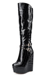 Aachcol Women's High Heels Platform Wedge Mid Calf Boots Round Toe Boot with Zipper Basic Office Black Boot 6" Heel Shoes