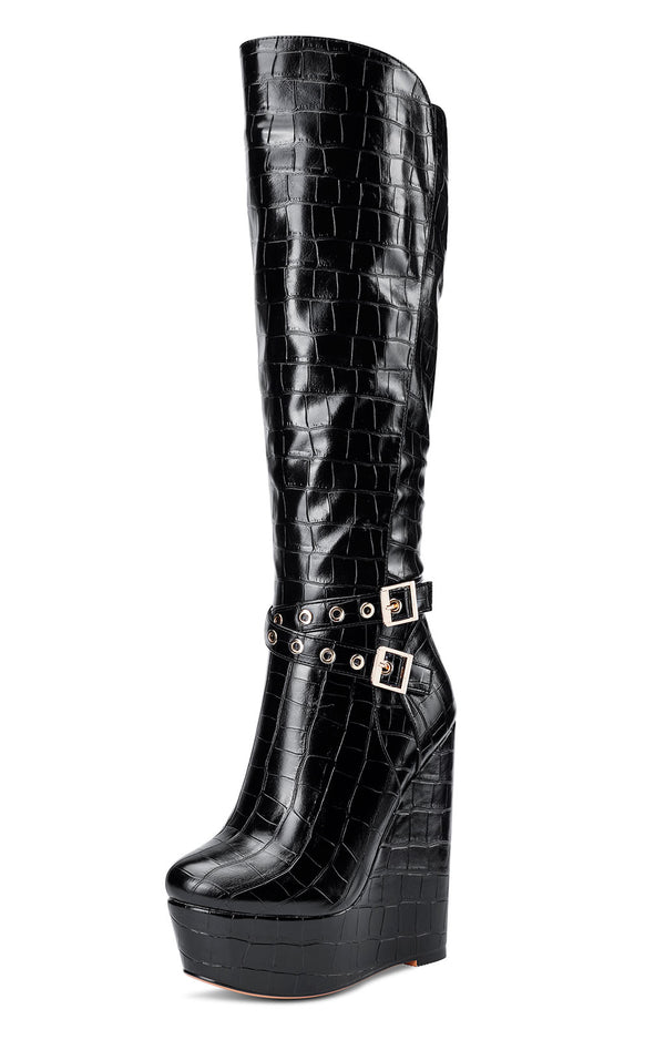 Aachcol Women's High Heels Platform Wedge Mid Calf Boots Round Toe Boot with Zipper Basic Office Black Boot 6" Heel Shoes