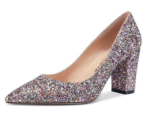 CASTAMERE Womens High Heel Pointed Toe Slip-on Fashion Glitter Pumps 8CM