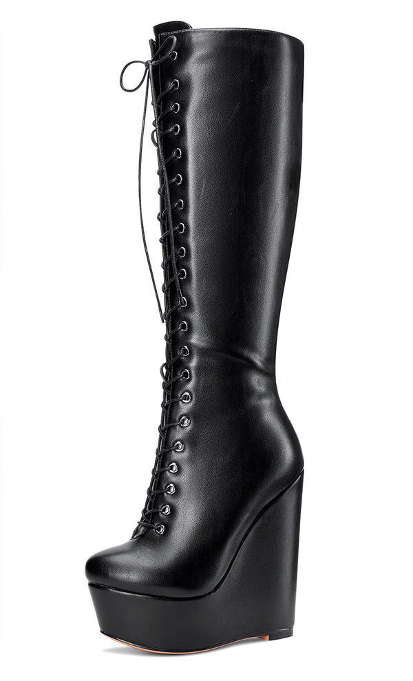 Aachcol Women's High Heels Platform Wedge Mid Calf Boots Round-Toe Lace-Up Boot with Zipper Basic Office Boot 6" Heel Shoes