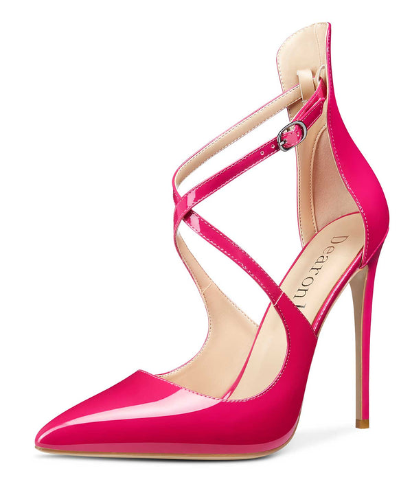 Aachcol Women's High Heels Cross Ankle Strap Pumps Pointed Toe 4.7" Inch Patent Heel Buckle