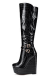 Aachcol Women's High Heels Platform Wedge Mid Calf Boots Round Toe Boot with Zipper Basic Office Black Boot 6" Heel Shoes