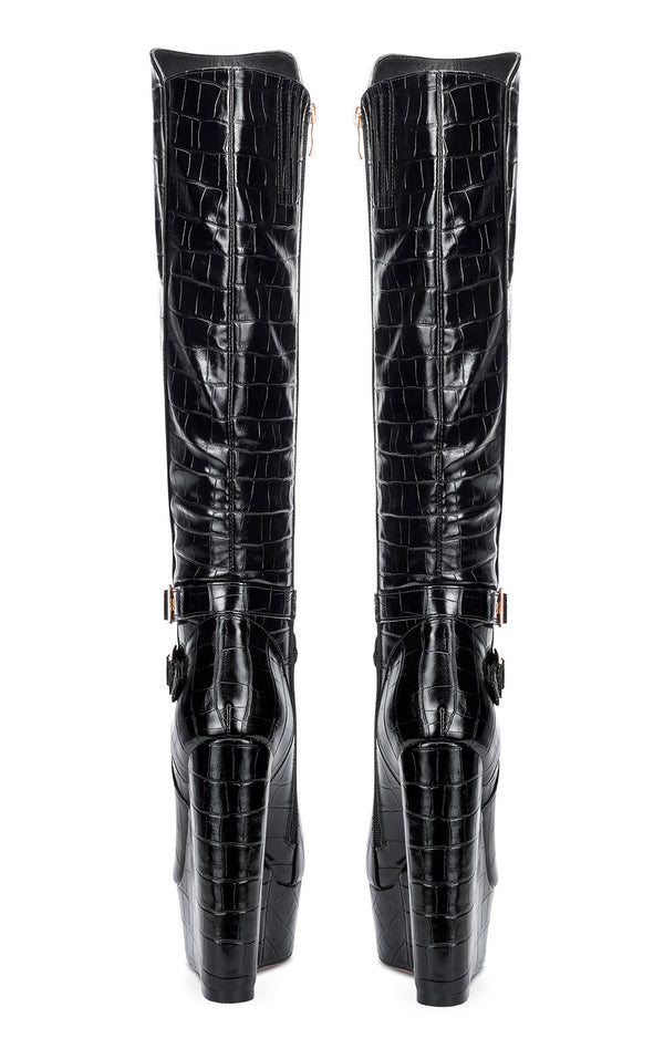 Aachcol Women's High Heels Platform Wedge Mid Calf Boots Round Toe Boot with Zipper Basic Office Black Boot 6" Heel Shoes