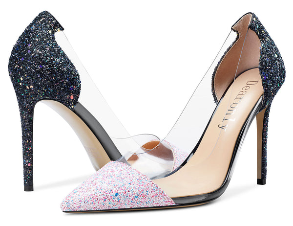 Aachcol Women's High Heels Transparent Clear Pumps Slip On Sexy Pointed Toe Stilettos 4 Inch Colorful Glitter Heel