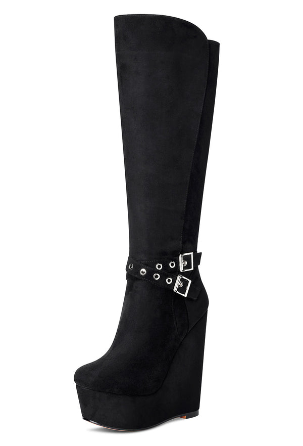 Aachcol Women's High Heels Platform Wedge Mid Calf Boots Round Toe Boot with Zipper Basic Office Black Boot 6" Heel Shoes