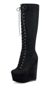 Aachcol Women's High Heels Platform Wedge Mid Calf Boots Round-Toe Lace-Up Boot with Zipper Basic Office Boot 6" Heel Shoes