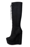 Aachcol Women's High Heels Platform Wedge Mid Calf Boots Round-Toe Lace-Up Boot with Zipper Basic Office Boot 6" Heel Shoes