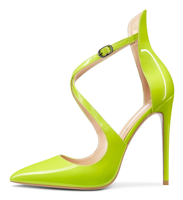 Aachcol Women's High Heels Cross Ankle Strap Pumps Pointed Toe 4.7" Inch Patent Heel Buckle