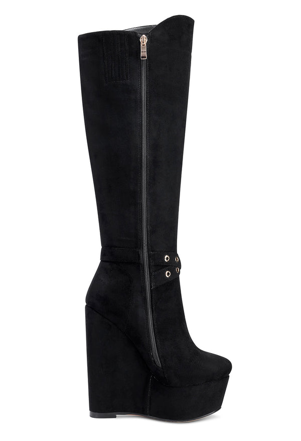 Aachcol Women's High Heels Platform Wedge Mid Calf Boots Round Toe Boot with Zipper Basic Office Black Boot 6" Heel Shoes