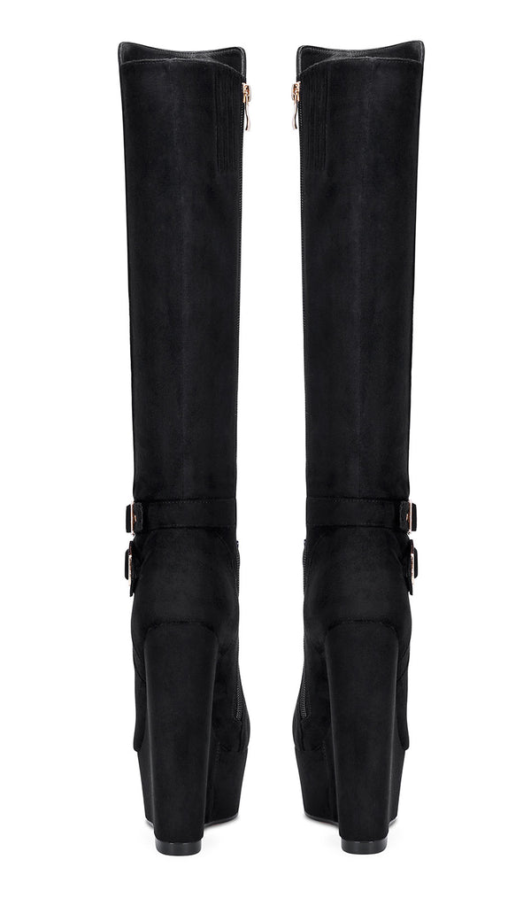 Aachcol Women's High Heels Platform Wedge Mid Calf Boots Round Toe Boot with Zipper Basic Office Black Boot 6" Heel Shoes