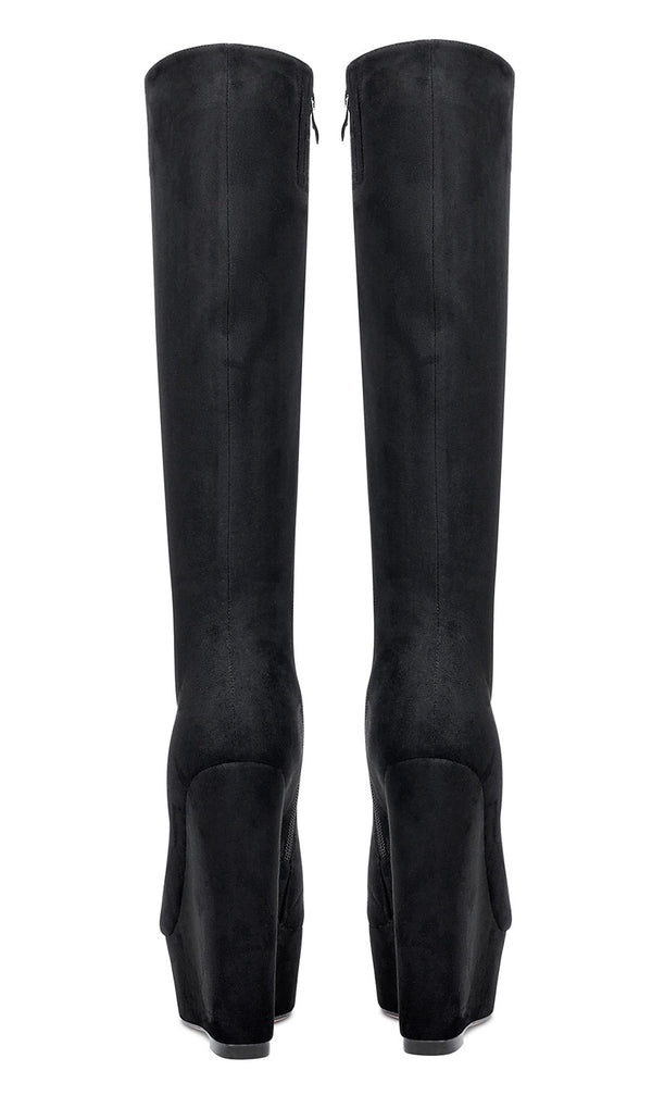 Aachcol Women's High Heels Platform Wedge Mid Calf Boots Round-Toe Lace-Up Boot with Zipper Basic Office Boot 6" Heel Shoes