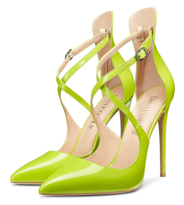 Aachcol Women's High Heels Cross Ankle Strap Pumps Pointed Toe 4.7" Inch Patent Heel Buckle