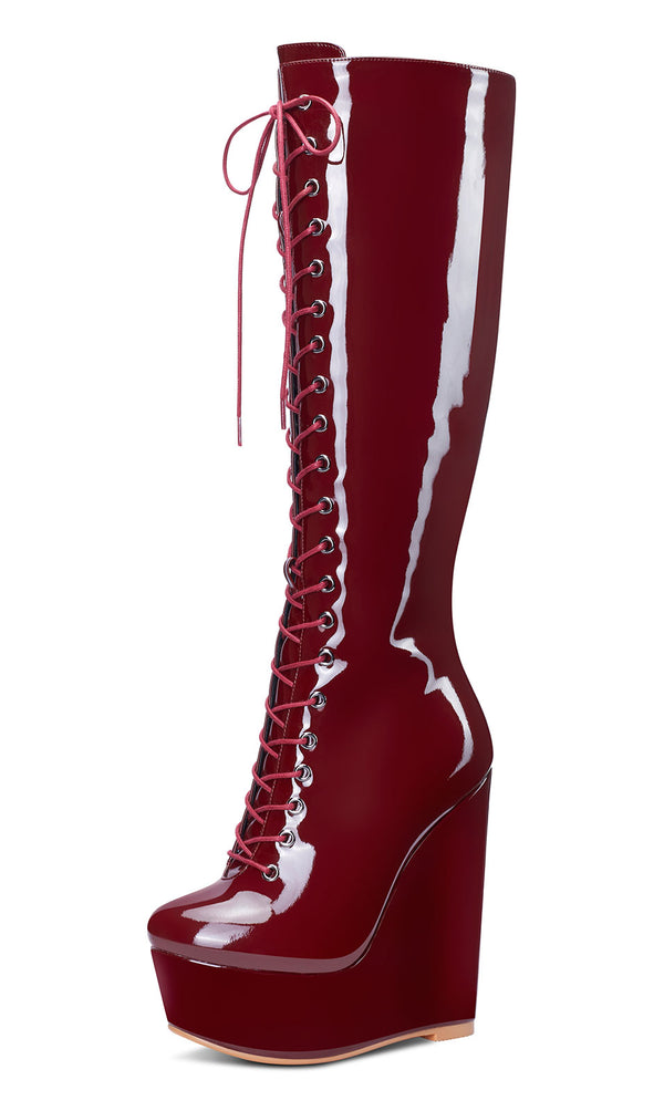 Aachcol Women's High Heels Platform Wedge Mid Calf Boots Round-Toe Lace-Up Boot with Zipper Basic Office Boot 6" Heel Shoes