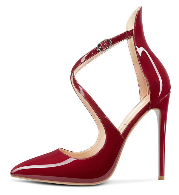 Aachcol Women's High Heels Cross Ankle Strap Pumps Pointed Toe 4.7" Inch Patent Heel Buckle