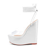 Aachcol Womens High Wedge Platform Heel Peep Open Toe Ankle Strap Sandals Lace Wedding Clear Dress Shoes 5.9 Inches Heels White Transparent