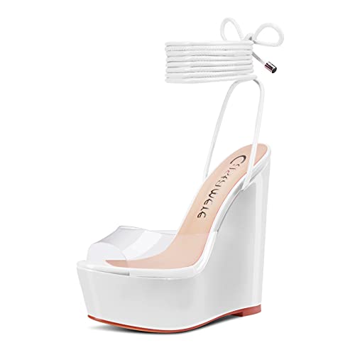 Aachcol Womens High Wedge Platform Heel Peep Open Toe Ankle Strap Sandals Lace Wedding Clear Dress Shoes 5.9 Inches Heels White Transparent