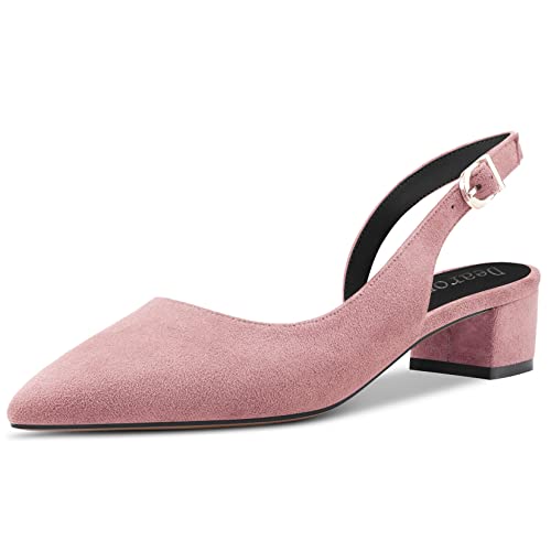 DearOnly Womens Pumps Pointed Toe d-Orsay Kitten Low Block Chunky Heel Slingback Suede Dress Shoes Pink 1.5 Inch
