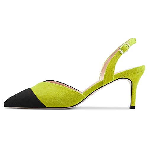 Aachcol Women Mid Heel Pointed Cap Toe Sandals Ankle Strap Slingback Buckle Patchwork Wedding Party Cute Basic Classic 2.6 Inches Heels Lime Green