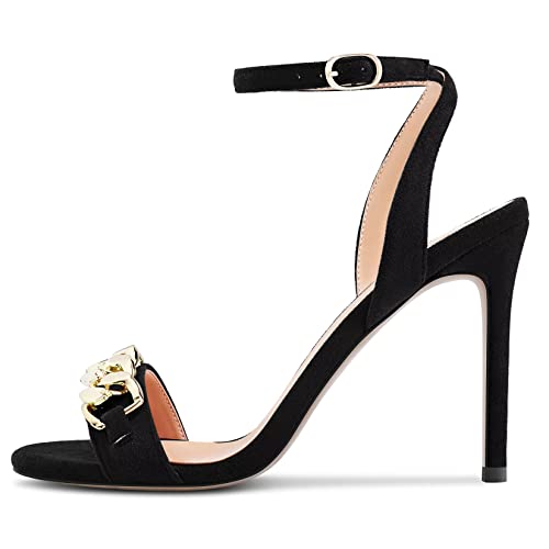 Castamere Women Stiletto High Heel Open Toe Ankle Strap Metal Chain Sandals Prom Party 3.9 Inches Heels Black