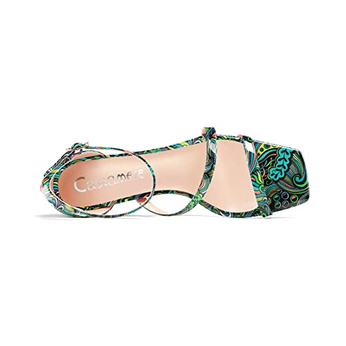 Aachcol Women High Heel Open Toe Sandals Ankle Strap Gladiator Wedding Prom Dress 3.3 Inches Heels Green Pattern