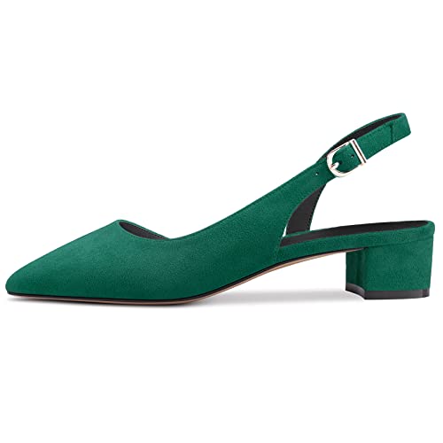 DearOnly Womens Pumps Pointed Toe d-Orsay Kitten Low Block Chunky Heel Slingback Suede Dress Shoes Emerald Green 1.5 Inch