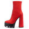 Aachcol Women Platform Ankle Boots Short Bootie High Heel Close Toe Chunky Block 5.9 Inches Heels Zipper Slip-on Boots Red Suede 8 M US
