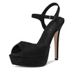 Aachcol Womens Platform Sandals Peep Open Toe Ankle Strap Stiletto High Heel Suede Dress Shoes Bridal Wedding Black 5 Inch
