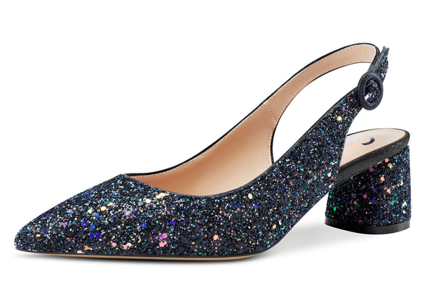 Aachcol Womens Chunky Block Heels Slingback Pumps Slip-on Pointy Toe 5CM Heel Glitter Sandals