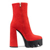 Aachcol Women Platform Ankle Boots Short Bootie High Heel Close Toe Chunky Block 5.9 Inches Heels Zipper Slip-on Boots Red Suede 8 M US