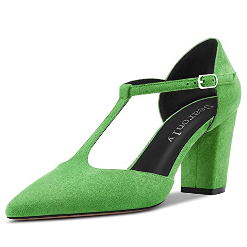 Aachcol Womens Pumps T-Strap Pointed Closed Toe Block Chunky High Heel Ankle Strap Sandals Suede Dress Shoes Bridal Wedding Shopping Light Green 3 Inch