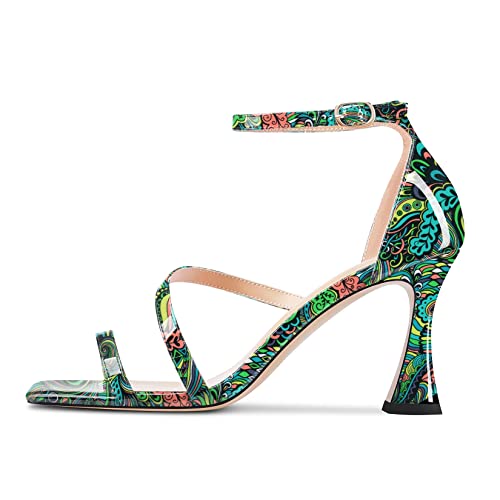 Aachcol Women High Heel Open Toe Sandals Ankle Strap Gladiator Wedding Prom Dress 3.3 Inches Heels Green Pattern