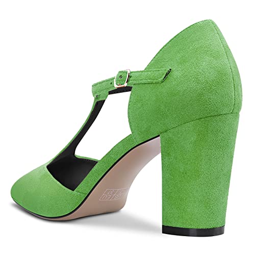 Aachcol Womens Pumps T-Strap Pointed Closed Toe Block Chunky High Heel Ankle Strap Sandals Suede Dress Shoes Bridal Wedding Shopping Light Green 3 Inch