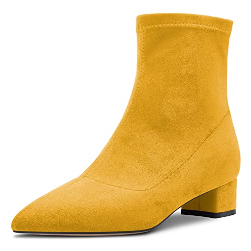 Aachcol Women Chunky Block Low Heel Close Pointed Toe Ankle Boots Short Bootie Slip-on Zipper 1.4 Inches Heels Classic Cute Shoes Yellow