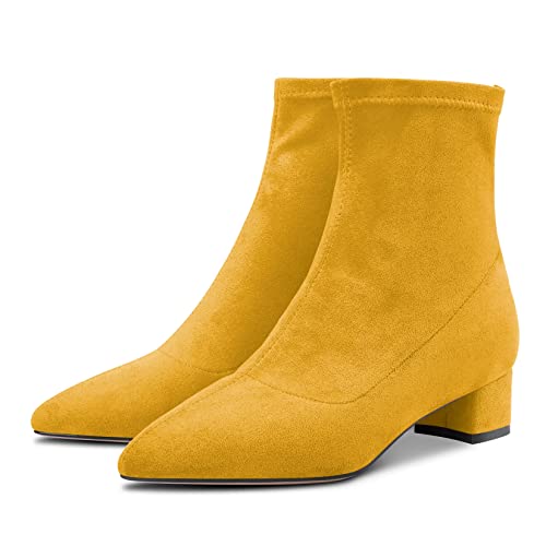 Aachcol Women Chunky Block Low Heel Close Pointed Toe Ankle Boots Short Bootie Slip-on Zipper 1.4 Inches Heels Classic Cute Shoes Yellow