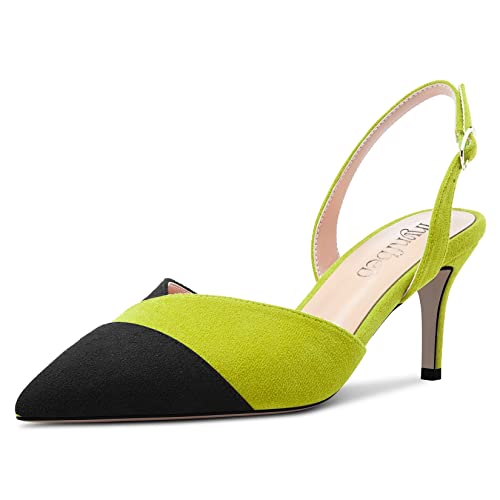Aachcol Women Mid Heel Pointed Cap Toe Sandals Ankle Strap Slingback Buckle Patchwork Wedding Party Cute Basic Classic 2.6 Inches Heels Lime Green