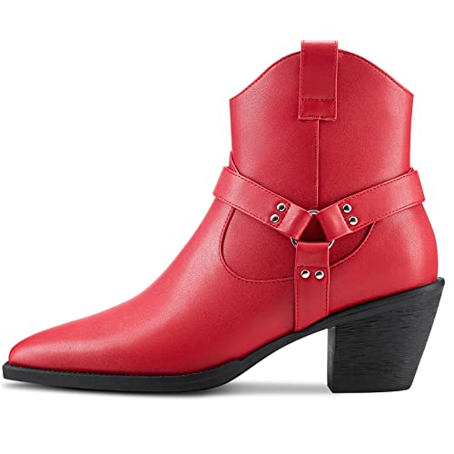 Aachcol Women Ankle Boots Short Bootie Square Toe Low Kitten Chunky Block Heel Western Cowboy Cowgirl Matte Zipper Dress Shoes Red 2.5 Inch