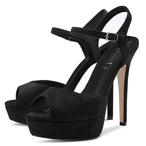 Aachcol Womens Platform Sandals Peep Open Toe Ankle Strap Stiletto High Heel Suede Dress Shoes Bridal Wedding Black 5 Inch