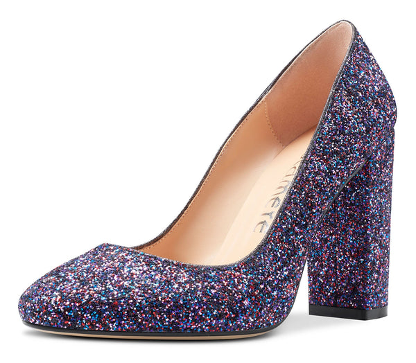 Aachcol Womens High Heels Round Toe Pumps Slip-on 10CM Chunky Block Heel Office