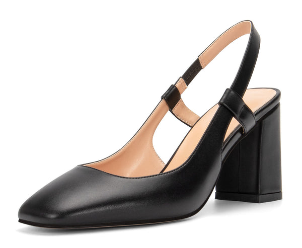 Aachcol Womens Slingback Chunky Heels Pumps Comfortable Leather Square-Toe Block Mid-Heels Office Classic Shoes 7.5 cm Heel