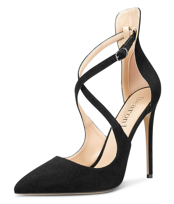 Aachcol Women's High Heels Cross Ankle Strap Pumps Pointed Toe 4.7" Inch Suede Heel Buckle