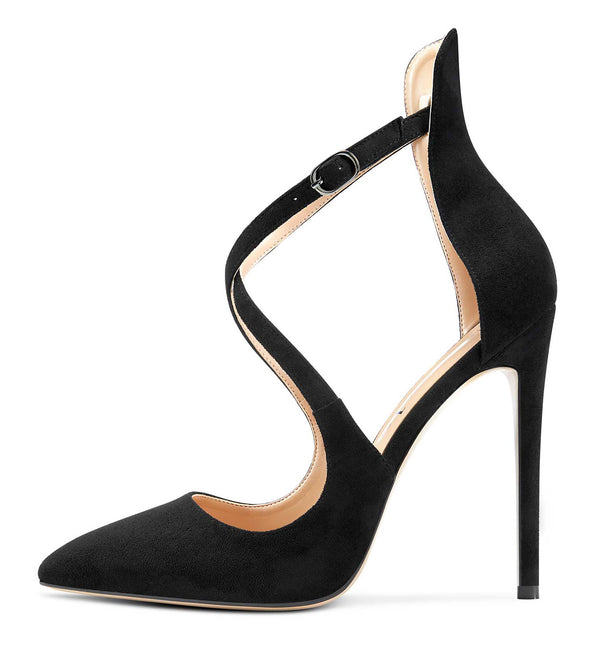 Aachcol Women's High Heels Cross Ankle Strap Pumps Pointed Toe 4.7" Inch Suede Heel Buckle