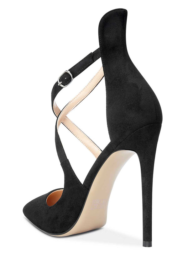 Aachcol Women's High Heels Cross Ankle Strap Pumps Pointed Toe 4.7" Inch Suede Heel Buckle