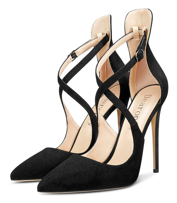 Aachcol Women's High Heels Cross Ankle Strap Pumps Pointed Toe 4.7" Inch Suede Heel Buckle