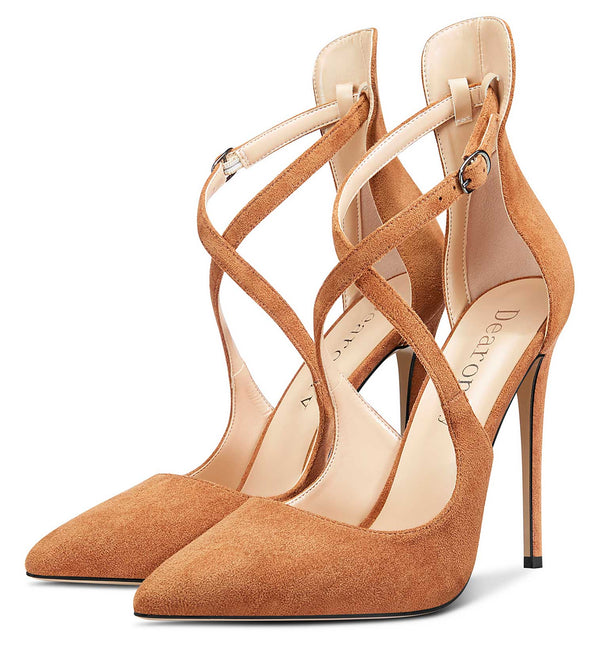 Aachcol Women's High Heels Cross Ankle Strap Pumps Pointed Toe 4.7" Inch Suede Heel Buckle
